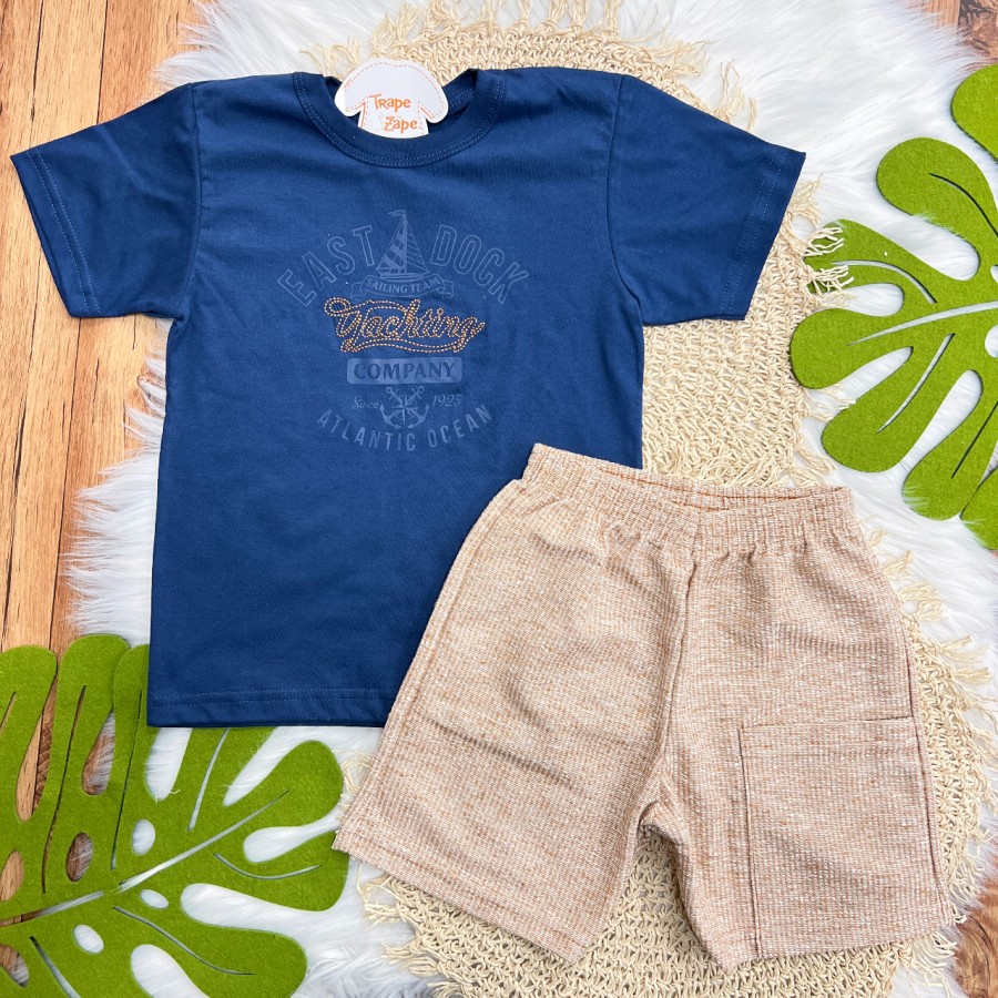 Conj. Camiseta East Dock e Bermuda em Linho - Marinho e Ferrugem